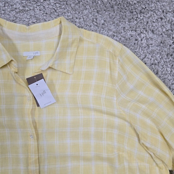 J Jill Shirt Women 2X Yellow White Plaid Button Roll Tab Sleeve Beachy Coastal‎ - Picture 3 of 11